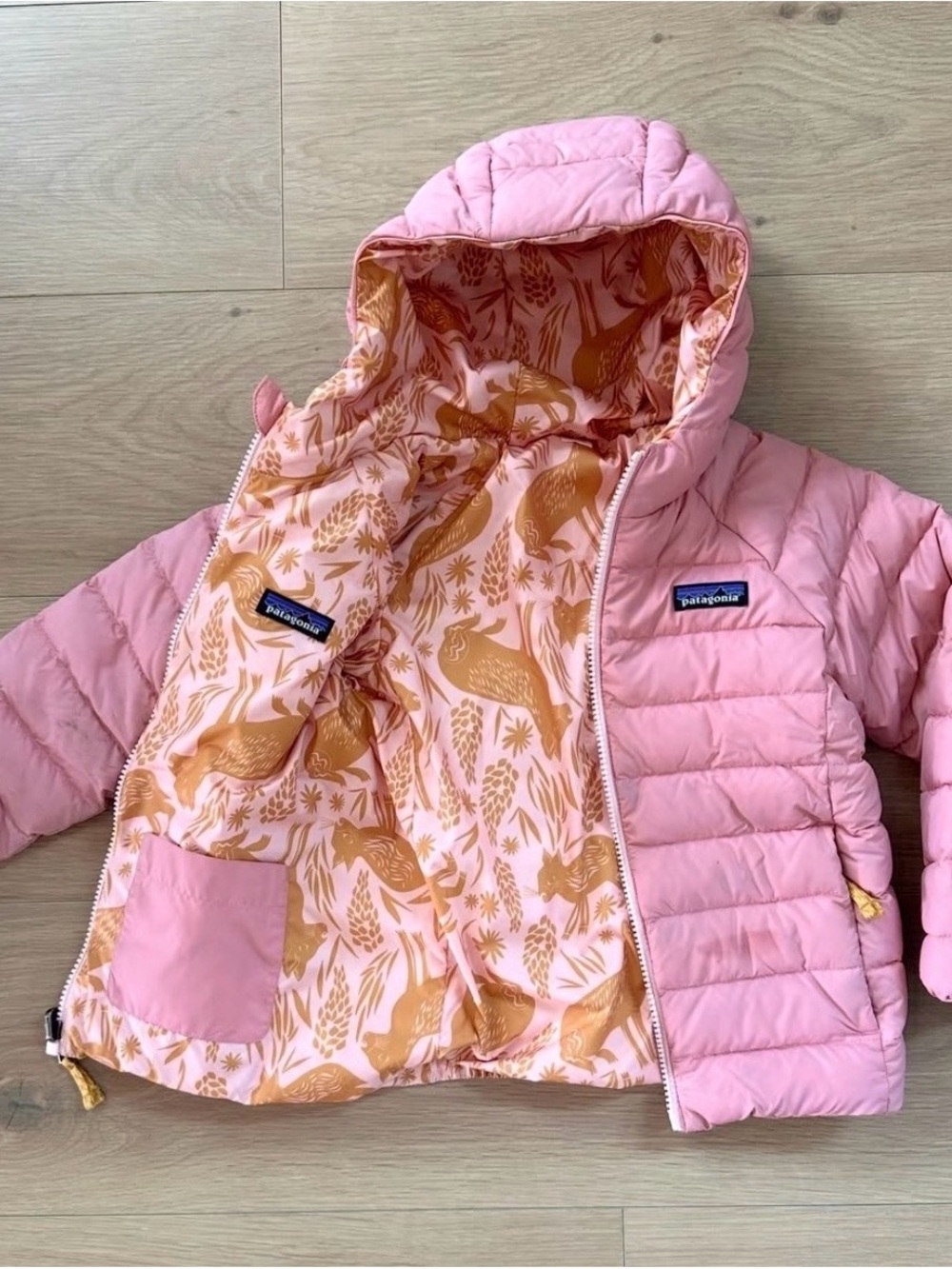 Patagonia Pink Hooded Kids Puffer with Printed Lining